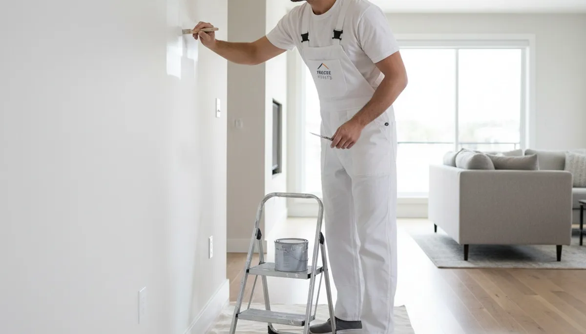 Painter applying paint touch-up to home exterior in Royal Oak, MI